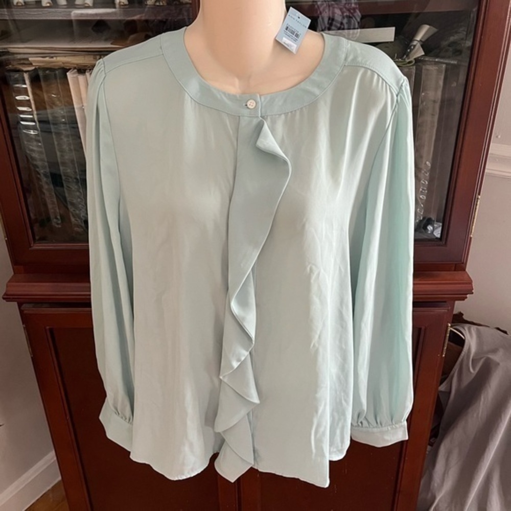 NWT Ann Taylor Blouse LP Seafoam Blue / Green Button Down Large Petite